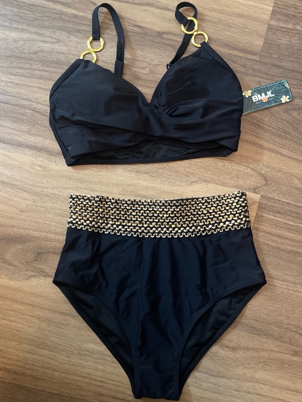 BMJL Black High-Waist Bikini with Gold Chain Trim